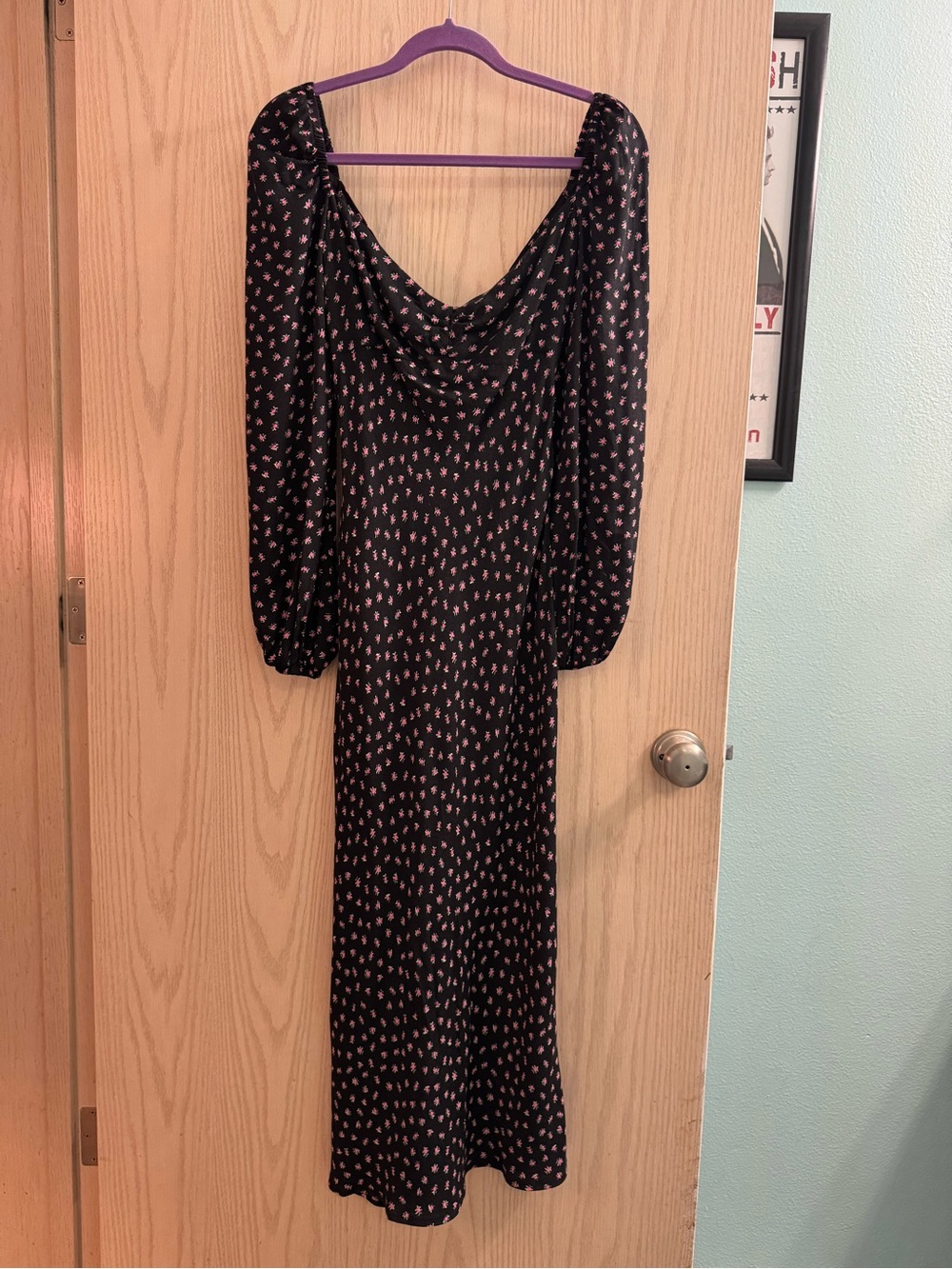 Black Long-Sleeve Maxi Dress with Pink Dot Print
